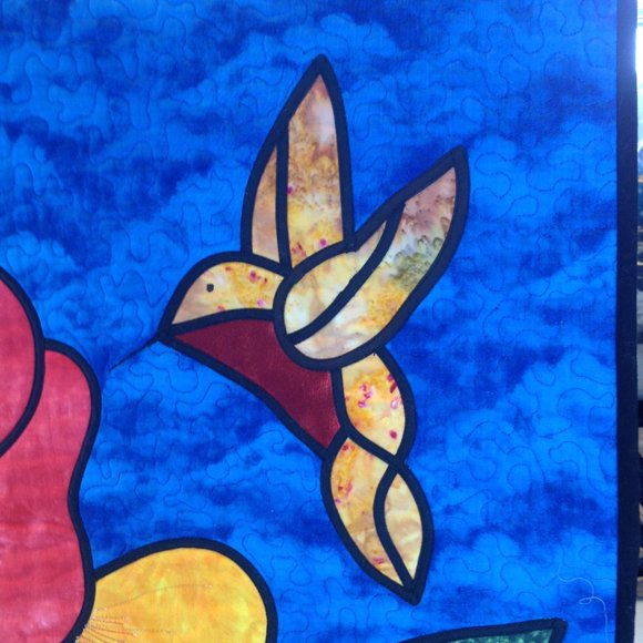 Quilted Fusible Applique Hummingbird Hibiscus 29 1/4" x 23 1/4" Handmade Panel - Picture 2 of 16